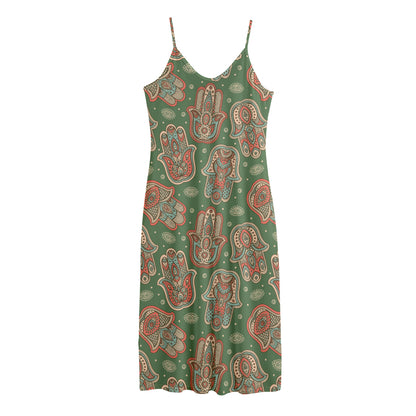 Indian Hamsa Pattern Print Jersey Midi Cami Dress