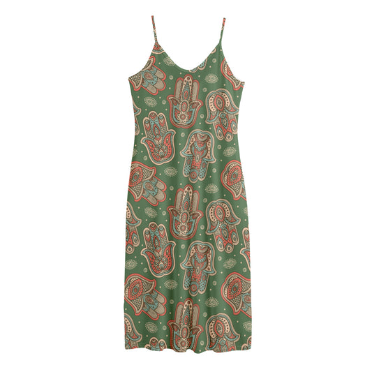 Indian Hamsa Pattern Print Jersey Midi Cami Dress