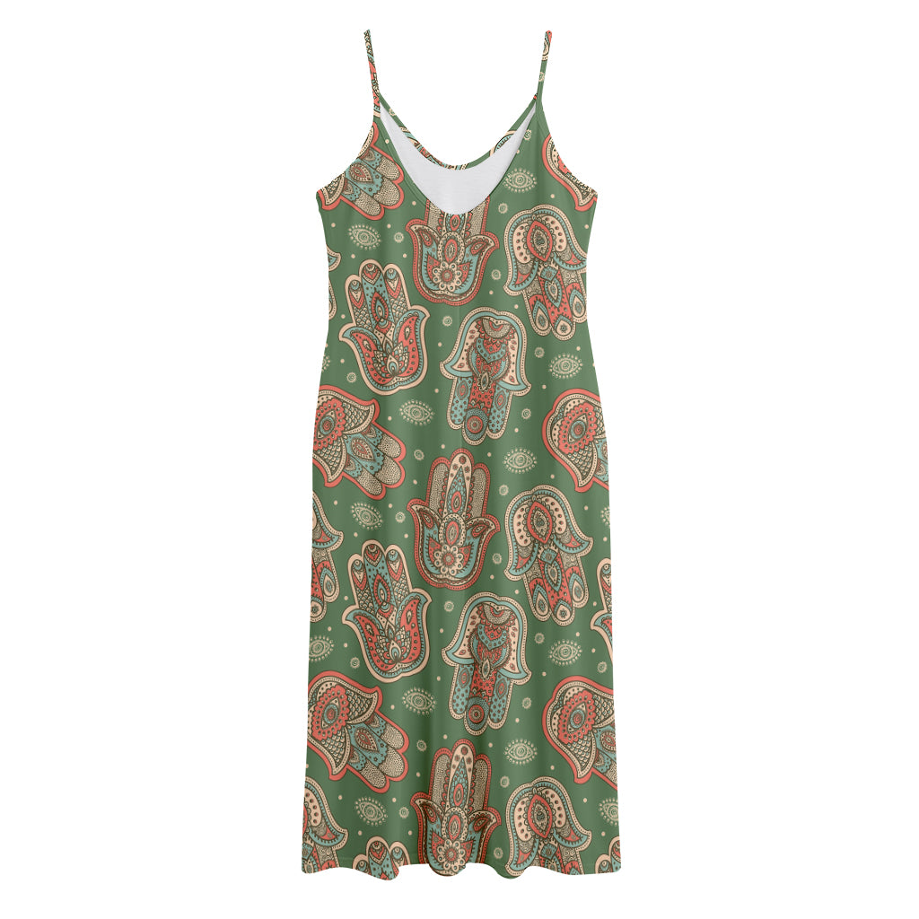 Indian Hamsa Pattern Print Jersey Midi Cami Dress
