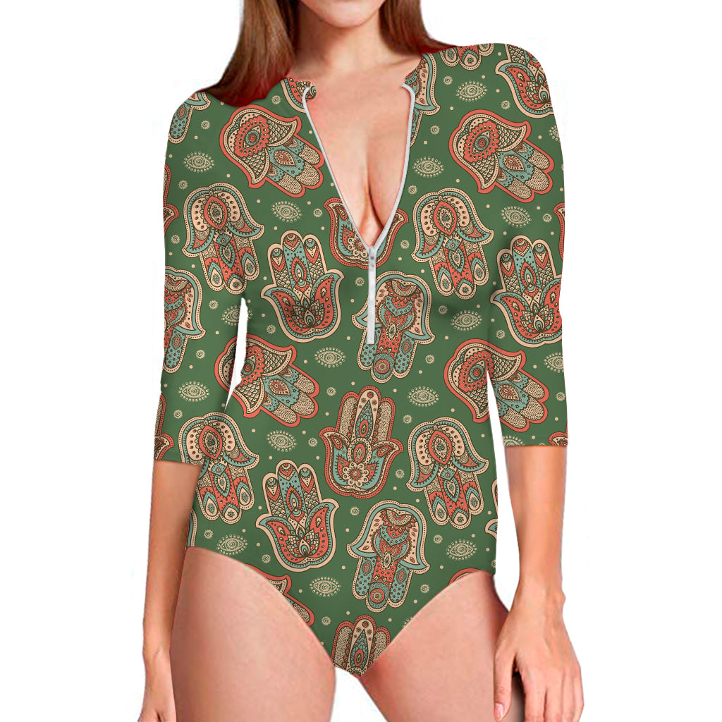 Indian Hamsa Pattern Print Long Sleeve Swimsuit