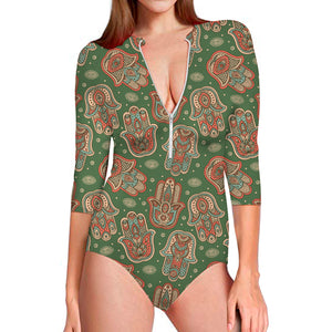 Indian Hamsa Pattern Print Long Sleeve Swimsuit