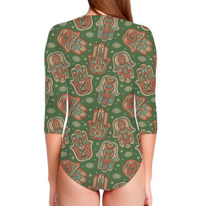 Indian Hamsa Pattern Print Long Sleeve Swimsuit