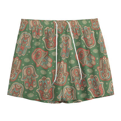 Indian Hamsa Pattern Print Mesh Shorts