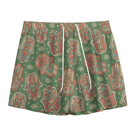 Indian Hamsa Pattern Print Mesh Shorts