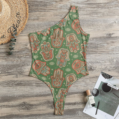Indian Hamsa Pattern Print One Shoulder Bodysuit
