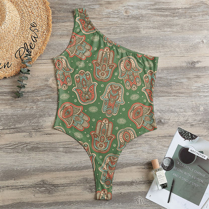 Indian Hamsa Pattern Print One Shoulder Bodysuit