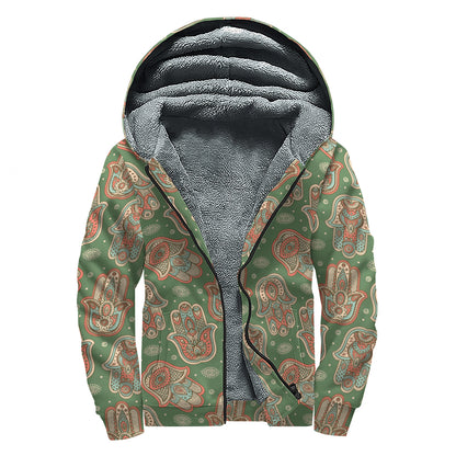Indian Hamsa Pattern Print Sherpa Lined Zip Up Hoodie