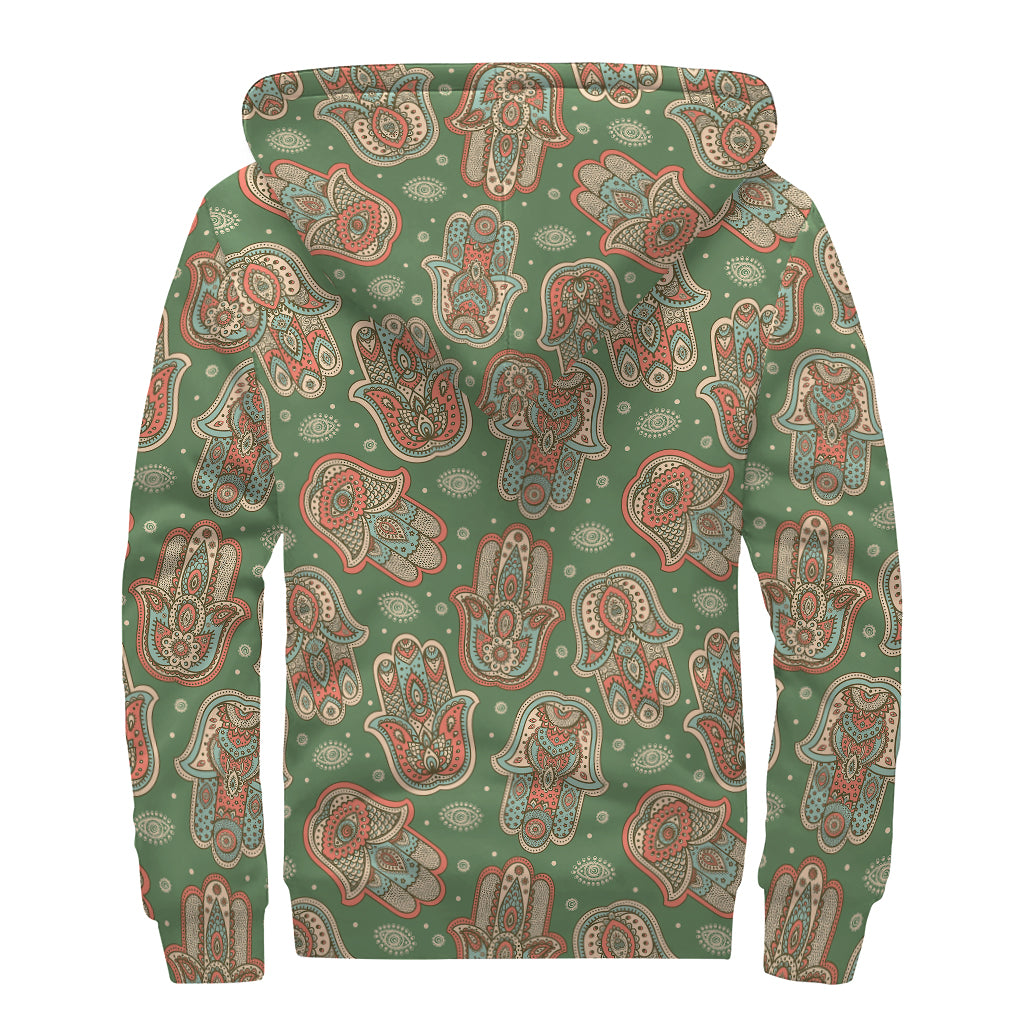 Indian Hamsa Pattern Print Sherpa Lined Zip Up Hoodie