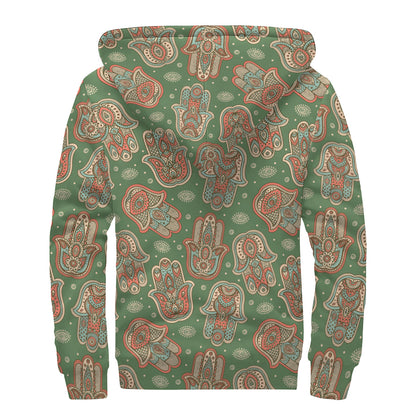 Indian Hamsa Pattern Print Sherpa Lined Zip Up Hoodie