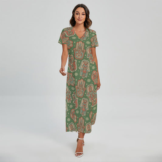 Indian Hamsa Pattern Print Short Sleeve Maxi Dress
