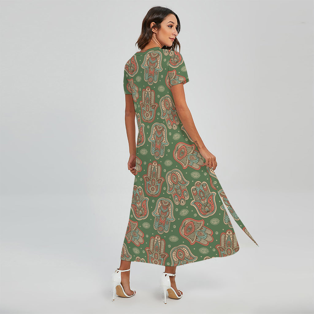 Indian Hamsa Pattern Print Short Sleeve Maxi Dress