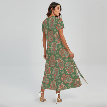 Indian Hamsa Pattern Print Short Sleeve Maxi Dress