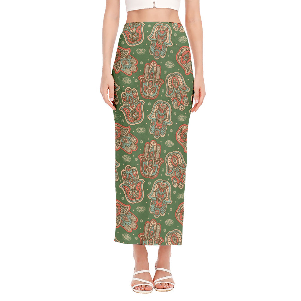 Indian Hamsa Pattern Print Side Slit Maxi Skirt