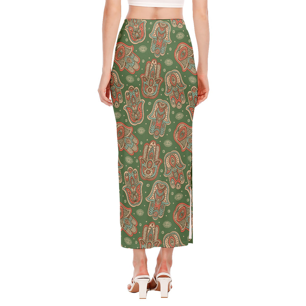 Indian Hamsa Pattern Print Side Slit Maxi Skirt