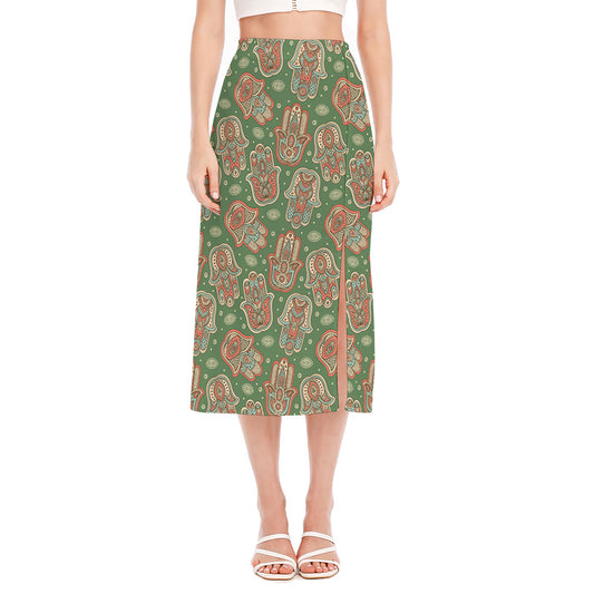 Indian Hamsa Pattern Print Side Slit Midi Skirt
