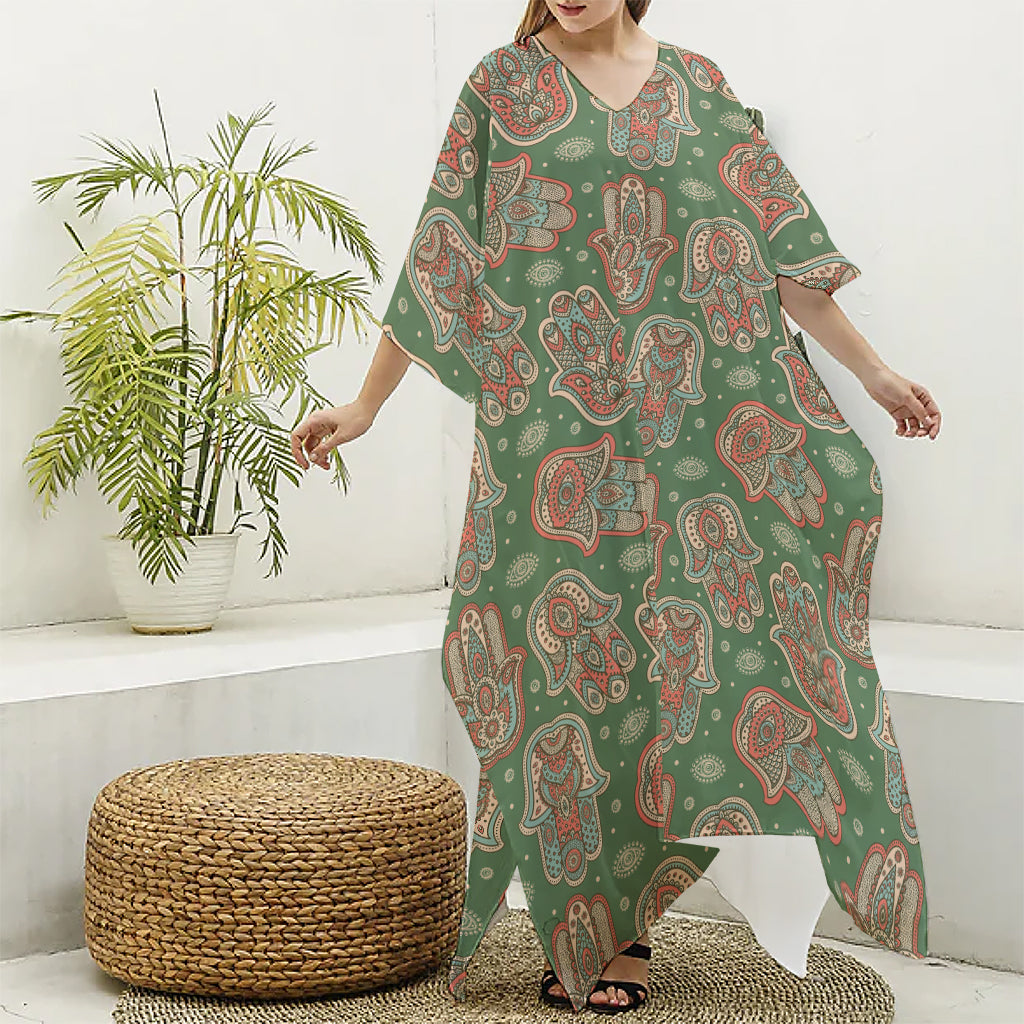 Indian Hamsa Pattern Print Silk V-Neck Kaftan Dress
