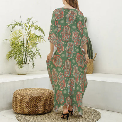 Indian Hamsa Pattern Print Silk V-Neck Kaftan Dress