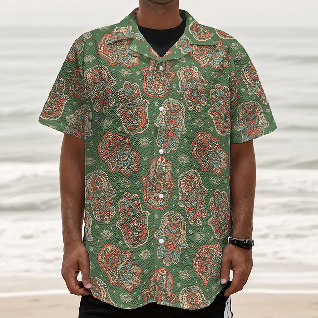 Indian Hamsa Pattern Print Textured Short Sleeve Shirt