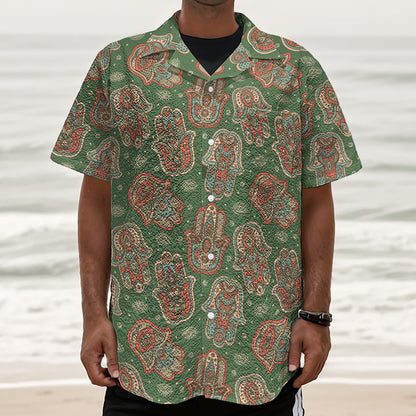 Indian Hamsa Pattern Print Textured Short Sleeve Shirt