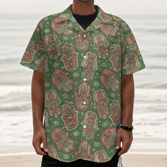Indian Hamsa Pattern Print Textured Short Sleeve Shirt