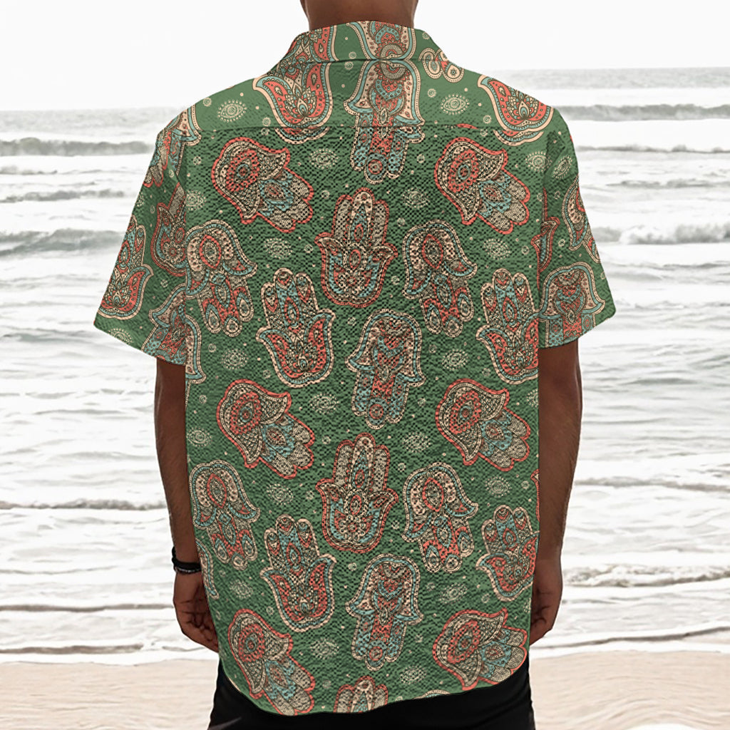 Indian Hamsa Pattern Print Textured Short Sleeve Shirt