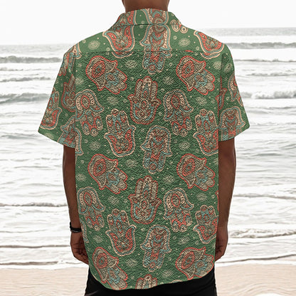 Indian Hamsa Pattern Print Textured Short Sleeve Shirt
