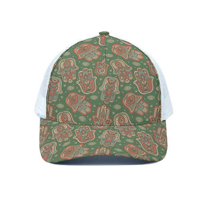Indian Hamsa Pattern Print White Mesh Trucker Cap