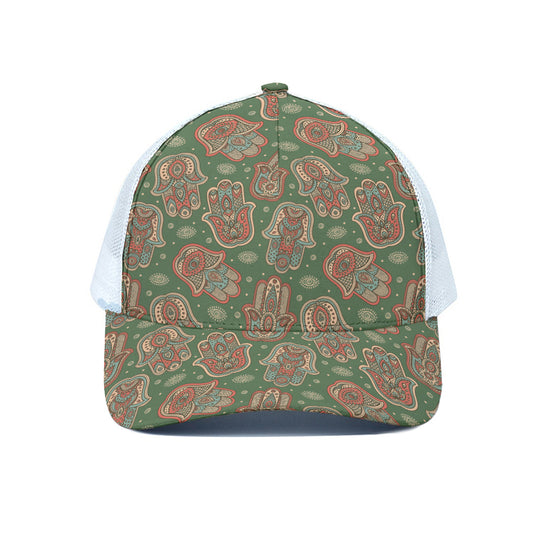 Indian Hamsa Pattern Print White Mesh Trucker Cap