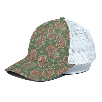 Indian Hamsa Pattern Print White Mesh Trucker Cap