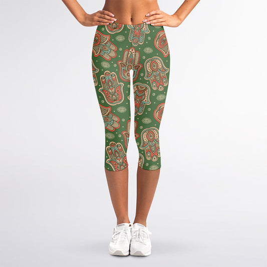 Indian Hamsa Pattern Print Women's Capri Leggings