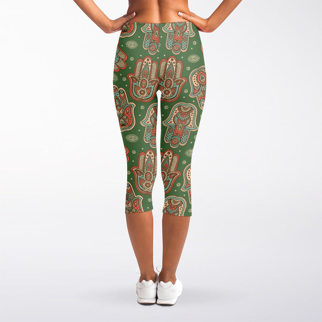 Indian Hamsa Pattern Print Women's Capri Leggings