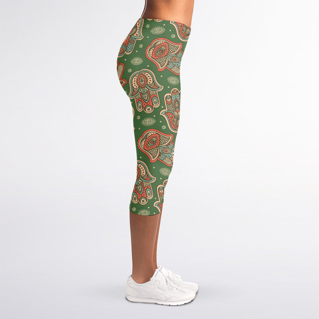 Indian Hamsa Pattern Print Women's Capri Leggings