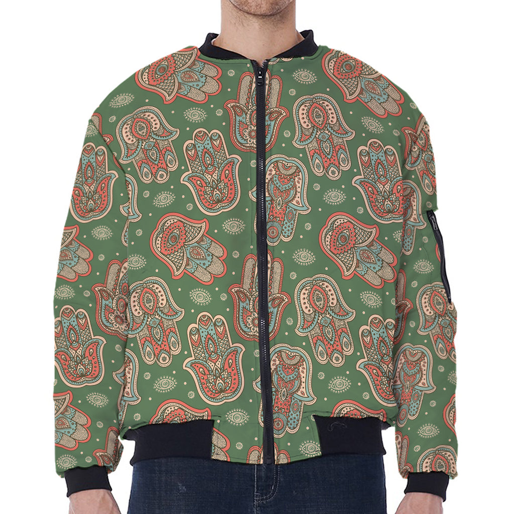 Indian Hamsa Pattern Print Zip Sleeve Bomber Jacket
