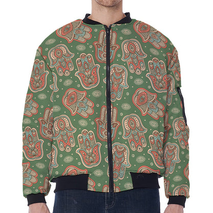 Indian Hamsa Pattern Print Zip Sleeve Bomber Jacket