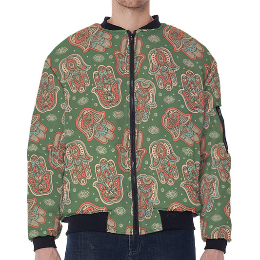 Indian Hamsa Pattern Print Zip Sleeve Bomber Jacket