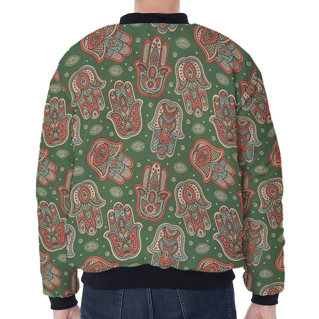 Indian Hamsa Pattern Print Zip Sleeve Bomber Jacket