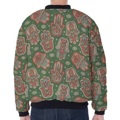 Indian Hamsa Pattern Print Zip Sleeve Bomber Jacket