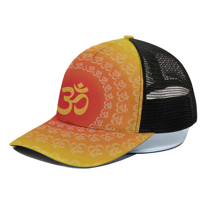 Indian Om Sign Print Black Mesh Trucker Cap