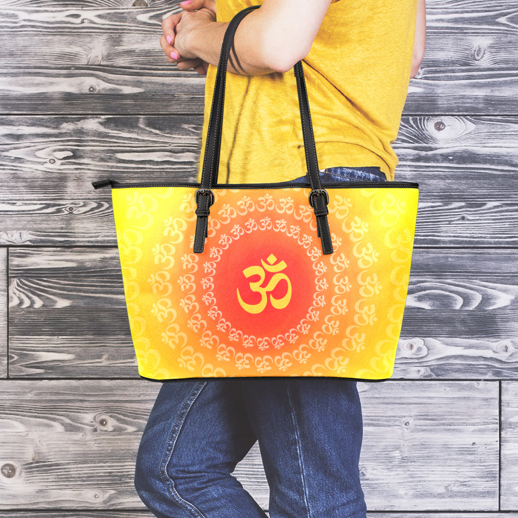 Indian Om Sign Print Leather Tote Bag