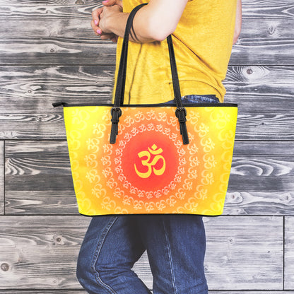 Indian Om Sign Print Leather Tote Bag