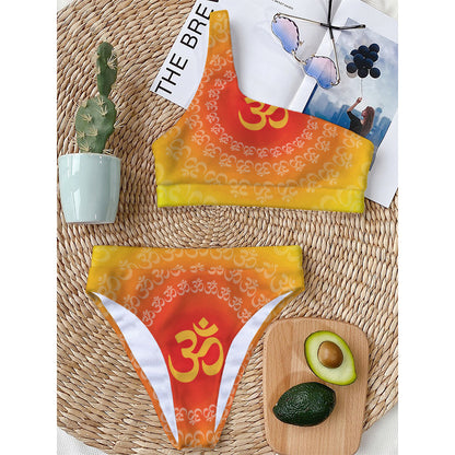 Indian Om Sign Print One Shoulder Bikini Top