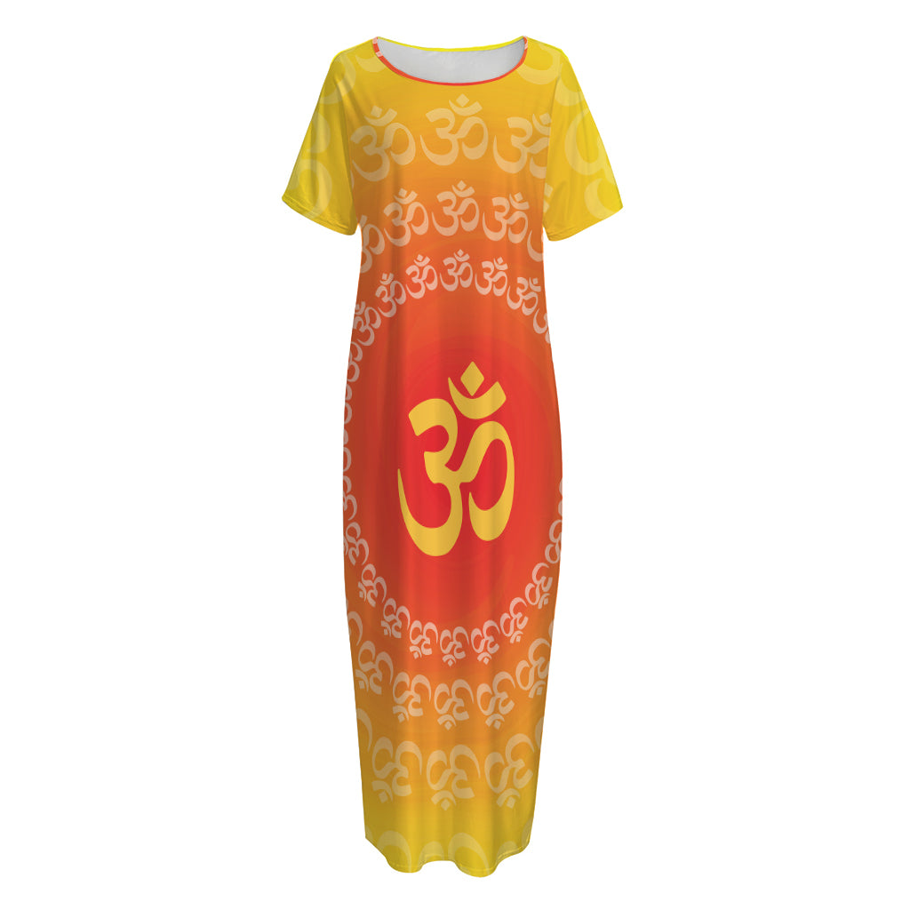 Indian Om Sign Print Short Sleeve Long Nightdress