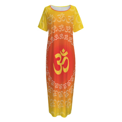 Indian Om Sign Print Short Sleeve Long Nightdress
