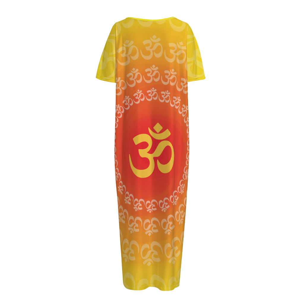 Indian Om Sign Print Short Sleeve Long Nightdress