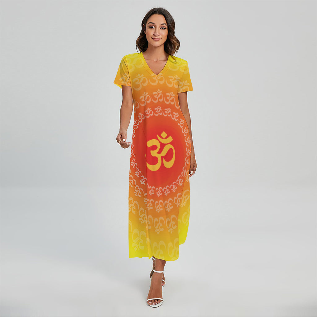 Indian Om Sign Print Short Sleeve Maxi Dress