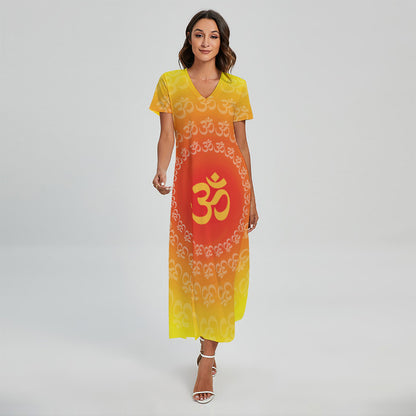 Indian Om Sign Print Short Sleeve Maxi Dress