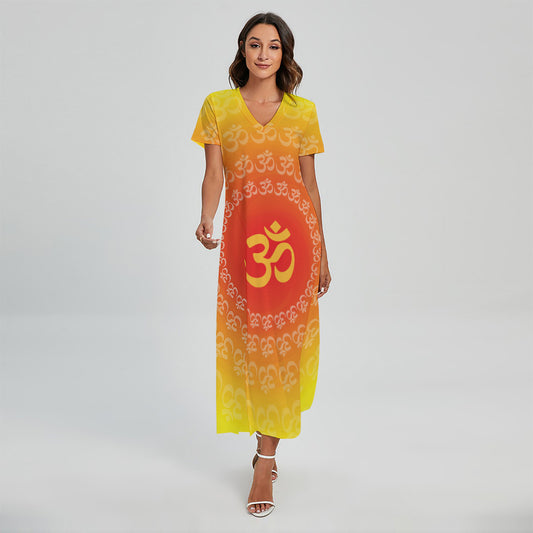 Indian Om Sign Print Short Sleeve Maxi Dress