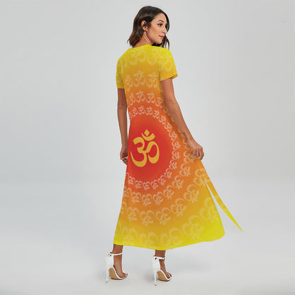 Indian Om Sign Print Short Sleeve Maxi Dress