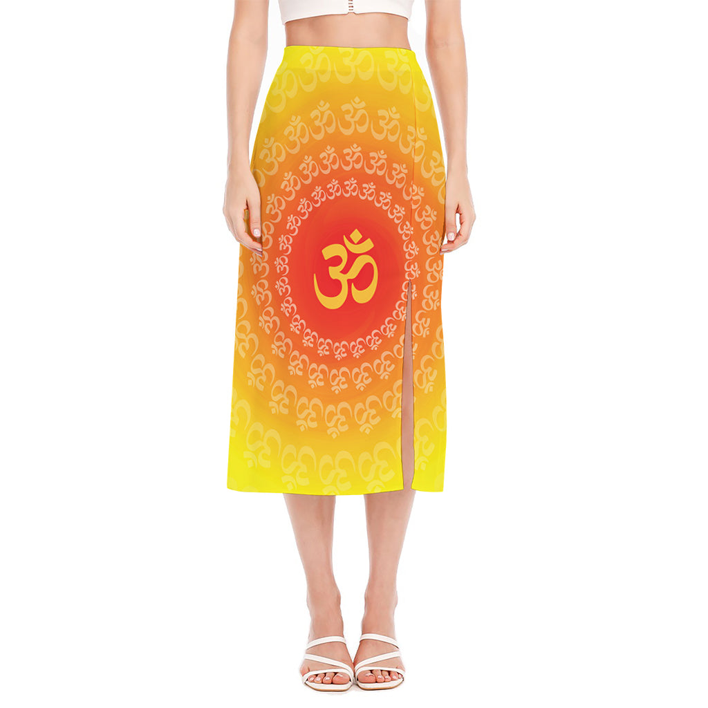 Indian Om Sign Print Side Slit Midi Skirt