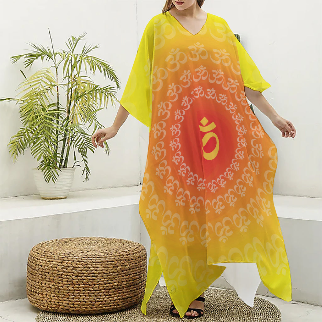 Indian Om Sign Print Silk V-Neck Kaftan Dress